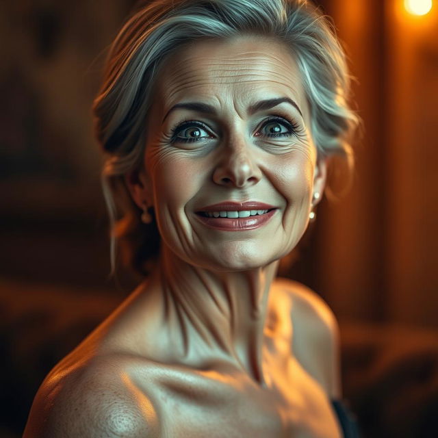 A gorgeous 50-year-old woman, strikingly beautiful and facing the camera with a look of delightful surprise