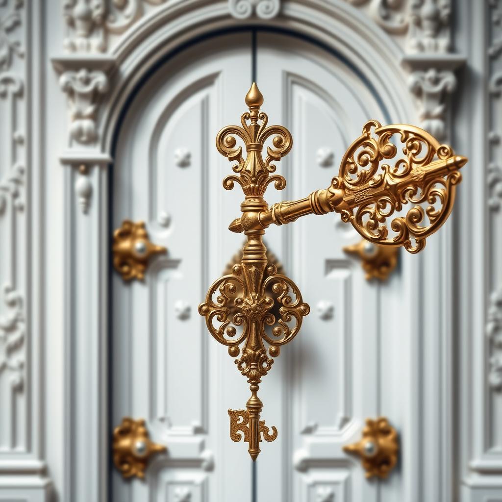 A large white door with an intricately designed golden key inserted into a prominent lock