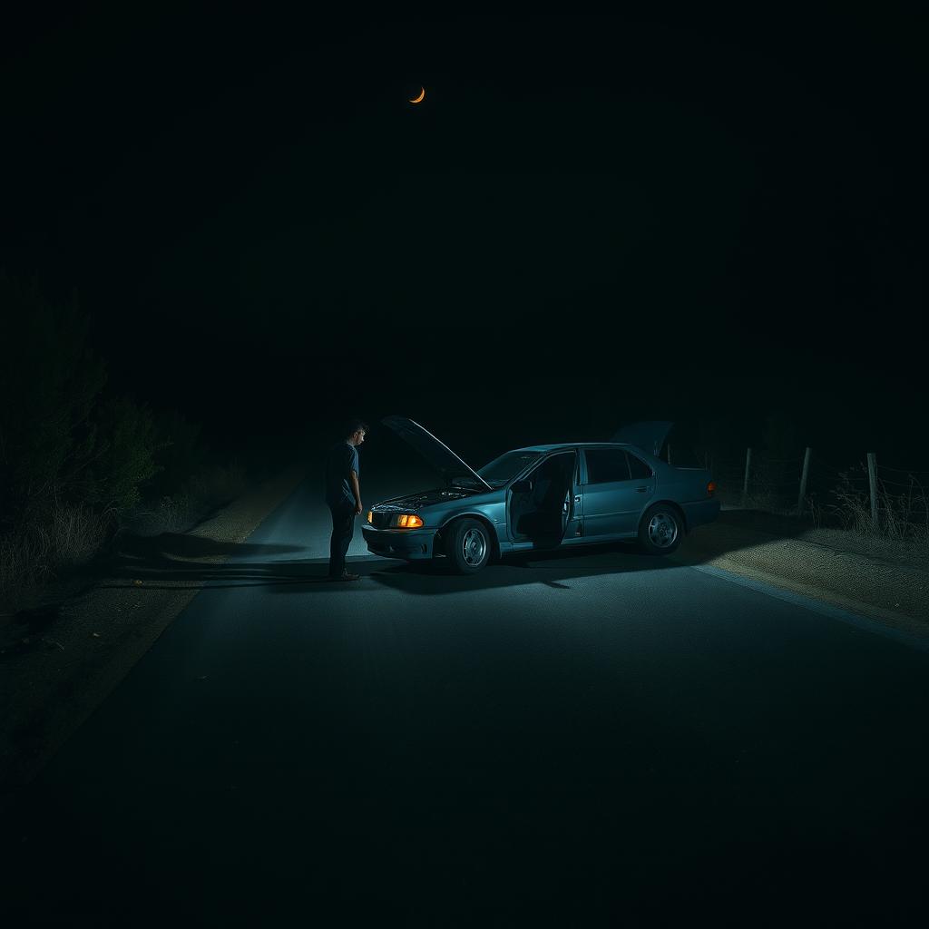 A deserted road at night with a broken-down car at the roadside