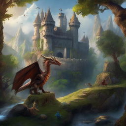 A captivating image filled with elements of fantasy gaming; dragons, knights, magical artifacts, grand castles, and mystical forests.