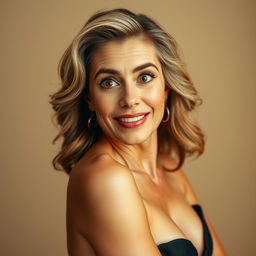 A gorgeous 50-year-old woman, facing the camera with a look of delightful surprise that accentuates her striking beauty