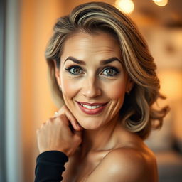 A gorgeous 50-year-old woman, facing the camera with a look of delightful surprise that accentuates her striking beauty