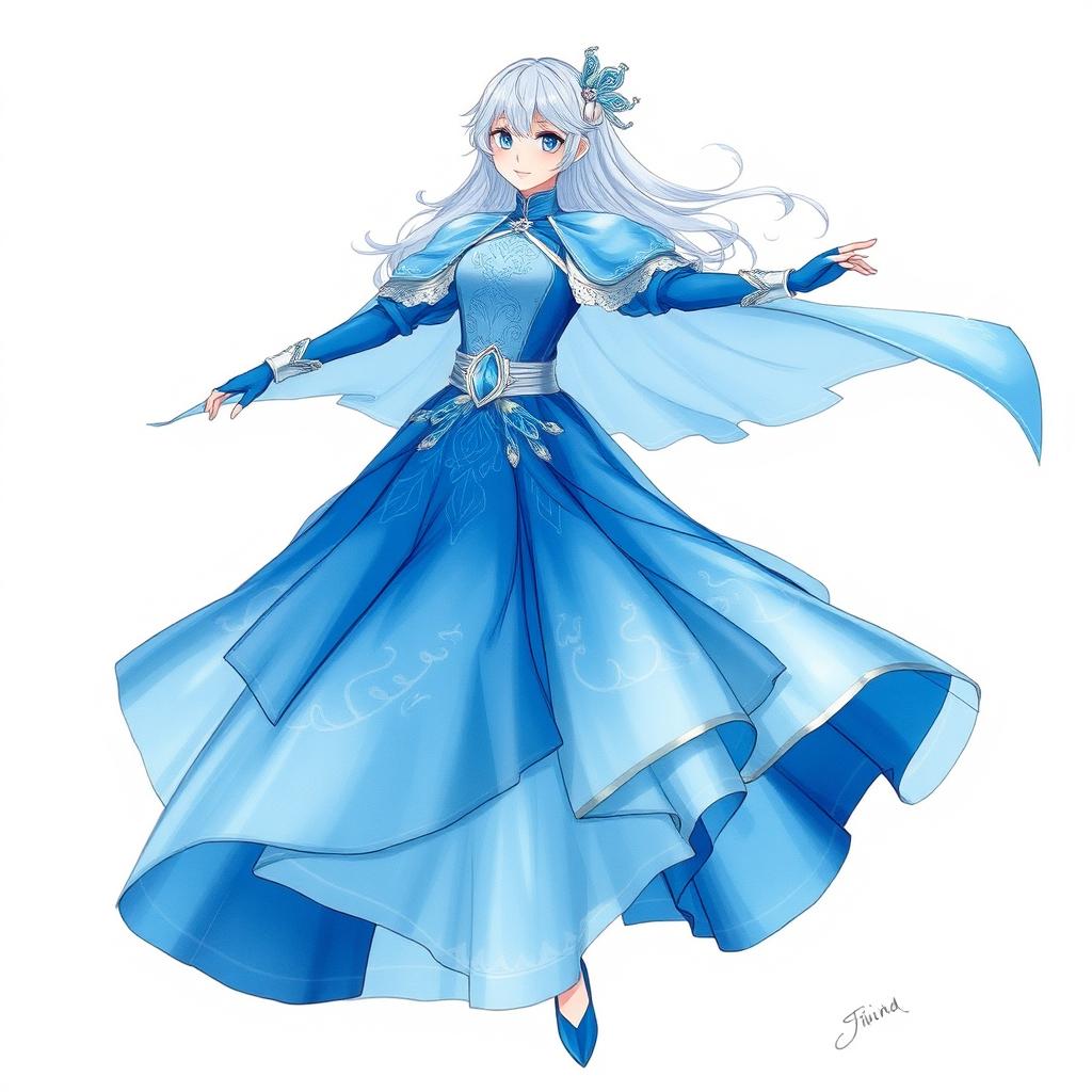 A detailed sketch for a theater costume design inspired by Furina from Genshin Impact, designed for a young girl character