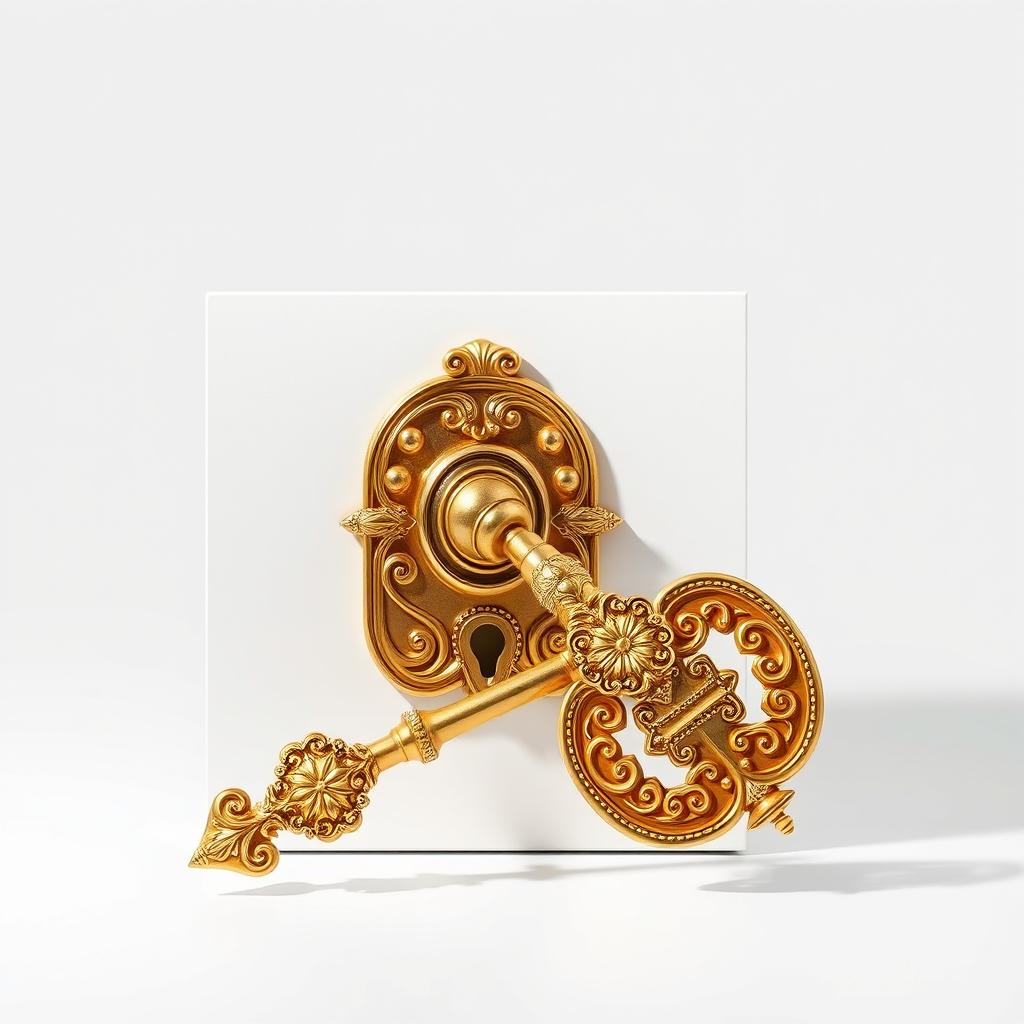 A white rectangular background with a detailed golden key inserted into an ornate lock