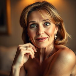 A beautiful 50-year-old woman, capturing a delightful expression of surprise as she faces the camera directly