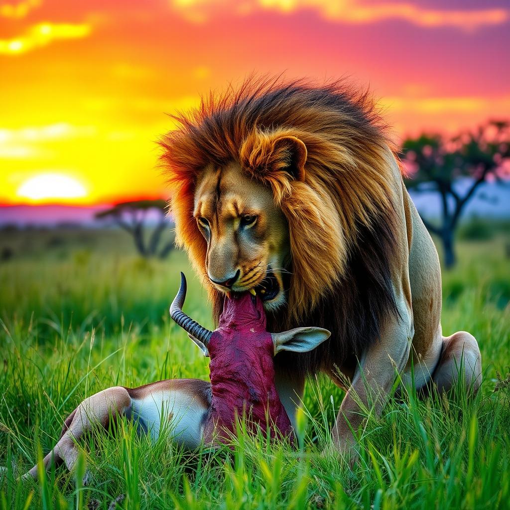 A majestic lion in the wild, gracefully eating an antelope, with detailed focus on the lion's powerful physique and rich golden mane