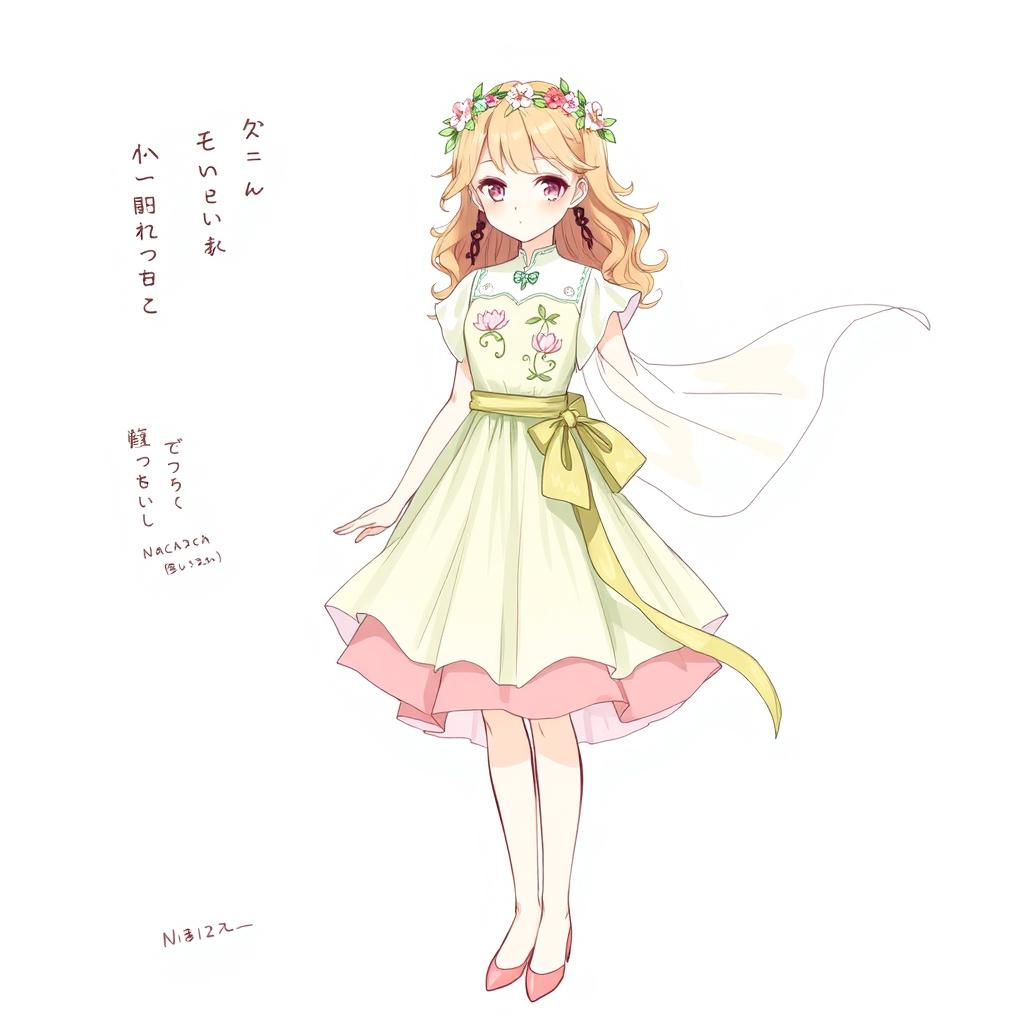 A detailed costume design for a theater play inspired by Nahida from Genshin Impact, specifically designed for a young girl character