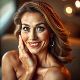 A stunning 50-year-old woman, radiating beauty and surprise as she faces the camera directly