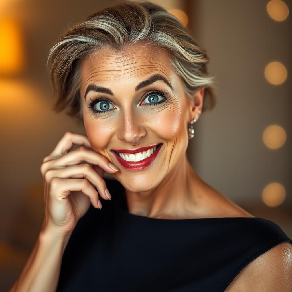 A stunning 50-year-old woman, radiating beauty and surprise as she faces the camera directly