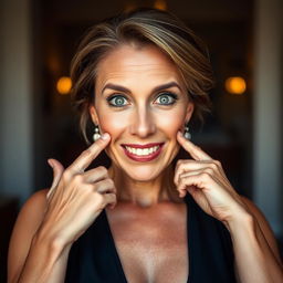 A stunning 50-year-old woman, radiating beauty and surprise as she faces the camera directly