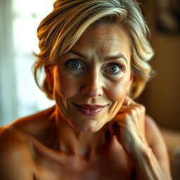 A stunning 50-year-old woman, displaying a look of delightful surprise as she directly faces the camera