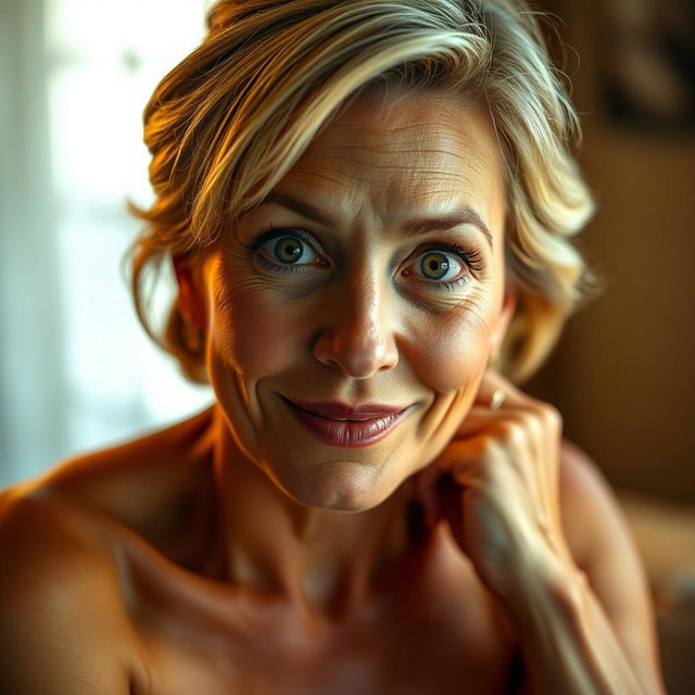 A stunning 50-year-old woman, displaying a look of delightful surprise as she directly faces the camera