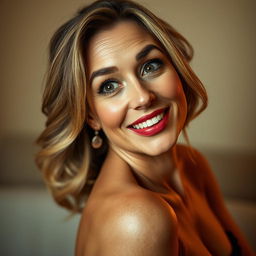 A stunning 50-year-old woman, displaying a look of delightful surprise as she directly faces the camera