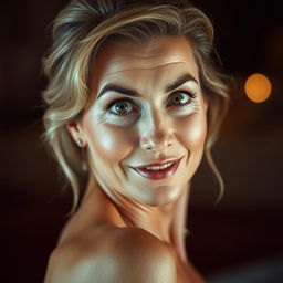 A stunning 50-year-old woman, displaying a look of delightful surprise as she directly faces the camera