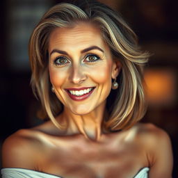 A stunning 50-year-old woman, displaying a look of delightful surprise as she directly faces the camera