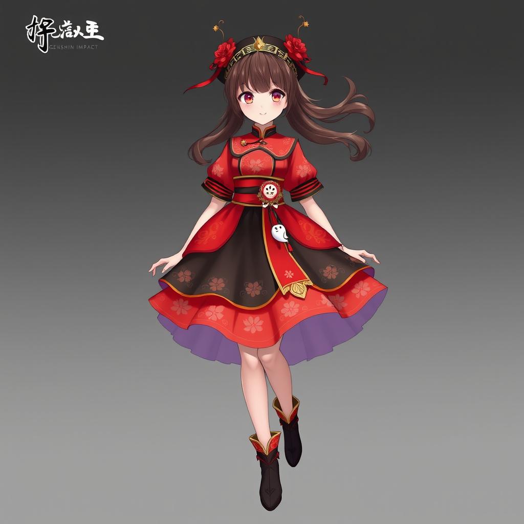 A theatrical costume design for a young girl character inspired by Hu Tao from Genshin Impact