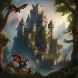 A captivating image filled with elements of fantasy gaming; dragons, knights, magical artifacts, grand castles, and mystical forests.