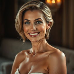 A gorgeous 50-year-old woman, with an expression of delightful surprise, facing the camera directly