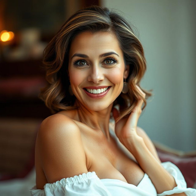 A gorgeous 50-year-old woman, with an expression of delightful surprise, facing the camera directly