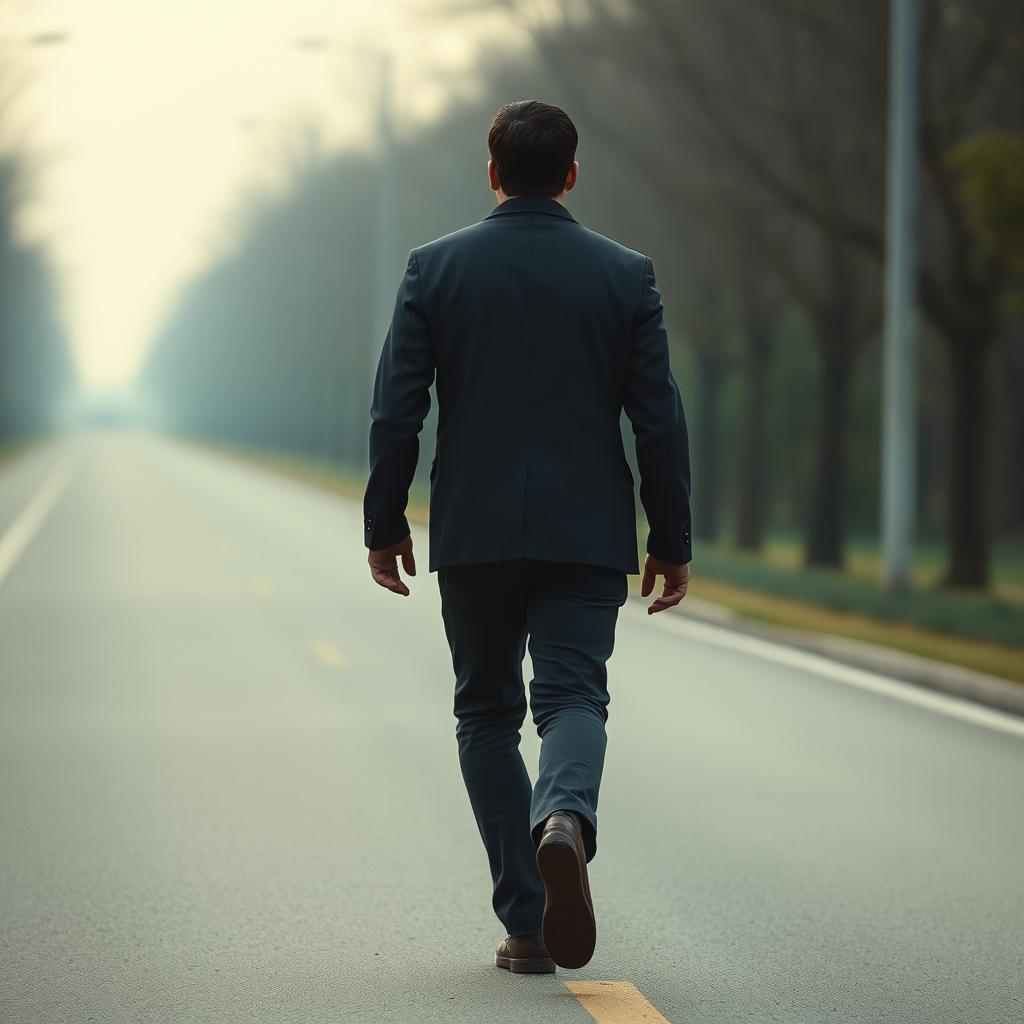 An over-the-shoulder tracking shot following a man walking alone, with a slight oscillation mimicking rapid breathing due to tension