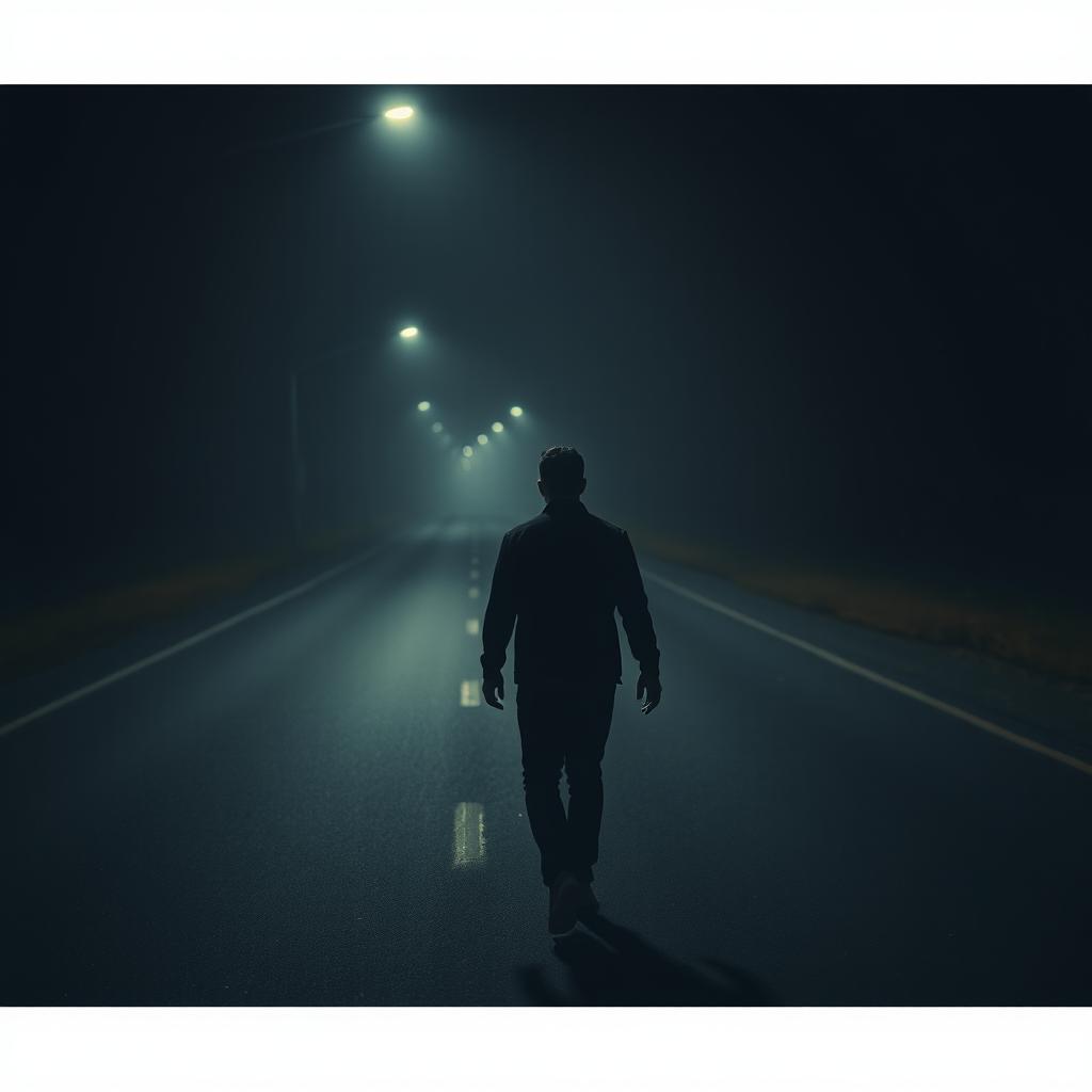 A lone man walking in the darkness of the night along a desolate road, with a feeling of being watched