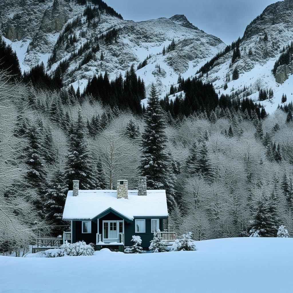 A picturesque house nestled in a snow covered landscape, captured with a cinematic quality