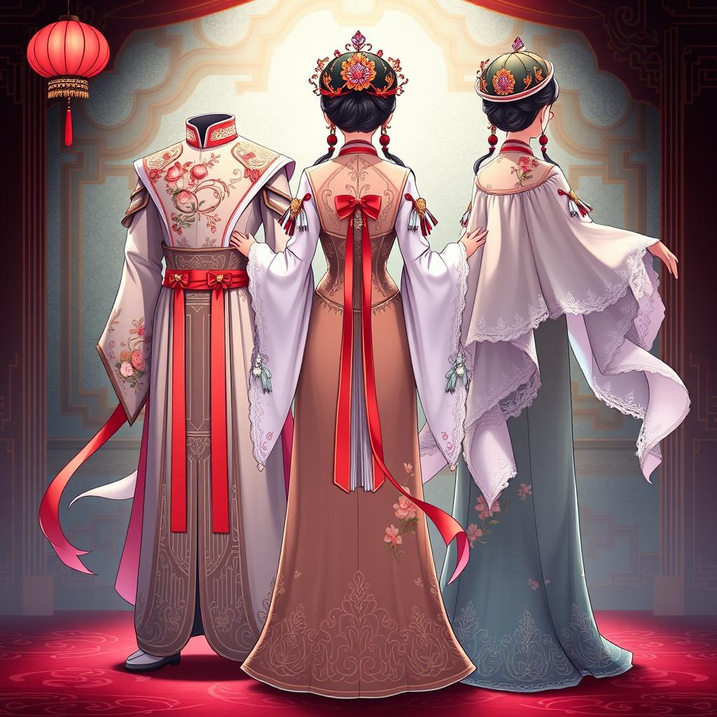 An illustration of an opera costume inspired by Hu Tao from Genshin Impact, featuring intricate designs