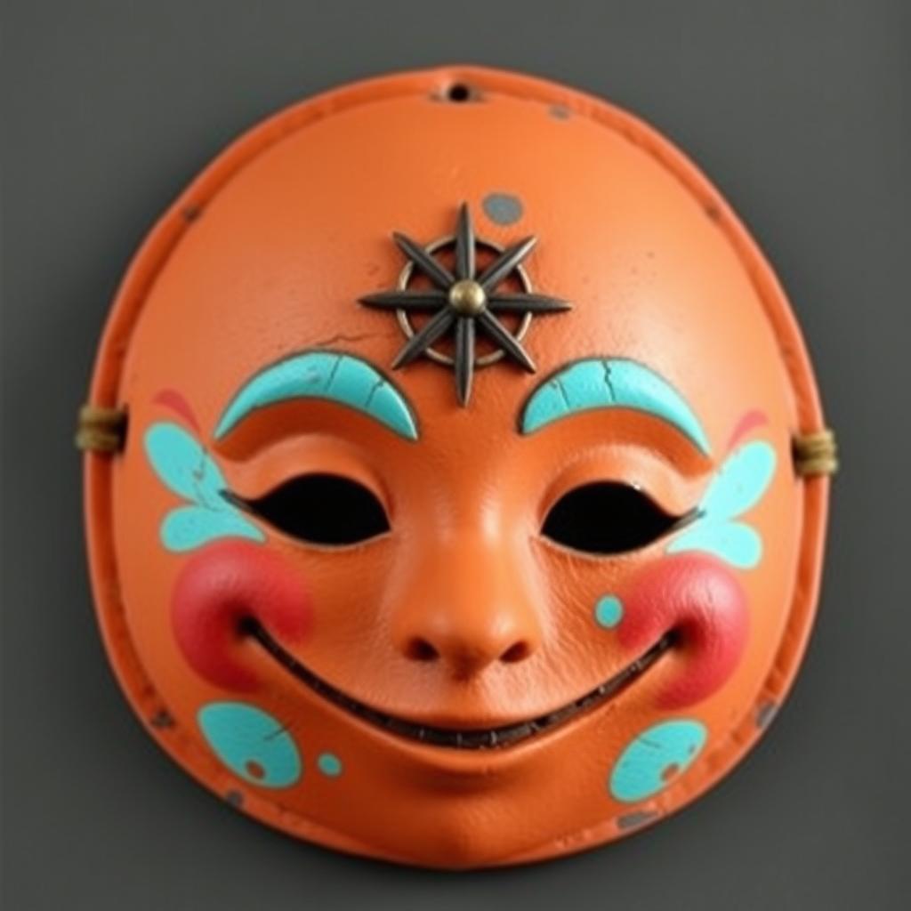 A whimsical friendly mask featuring a terracotta base color with turquoise accents