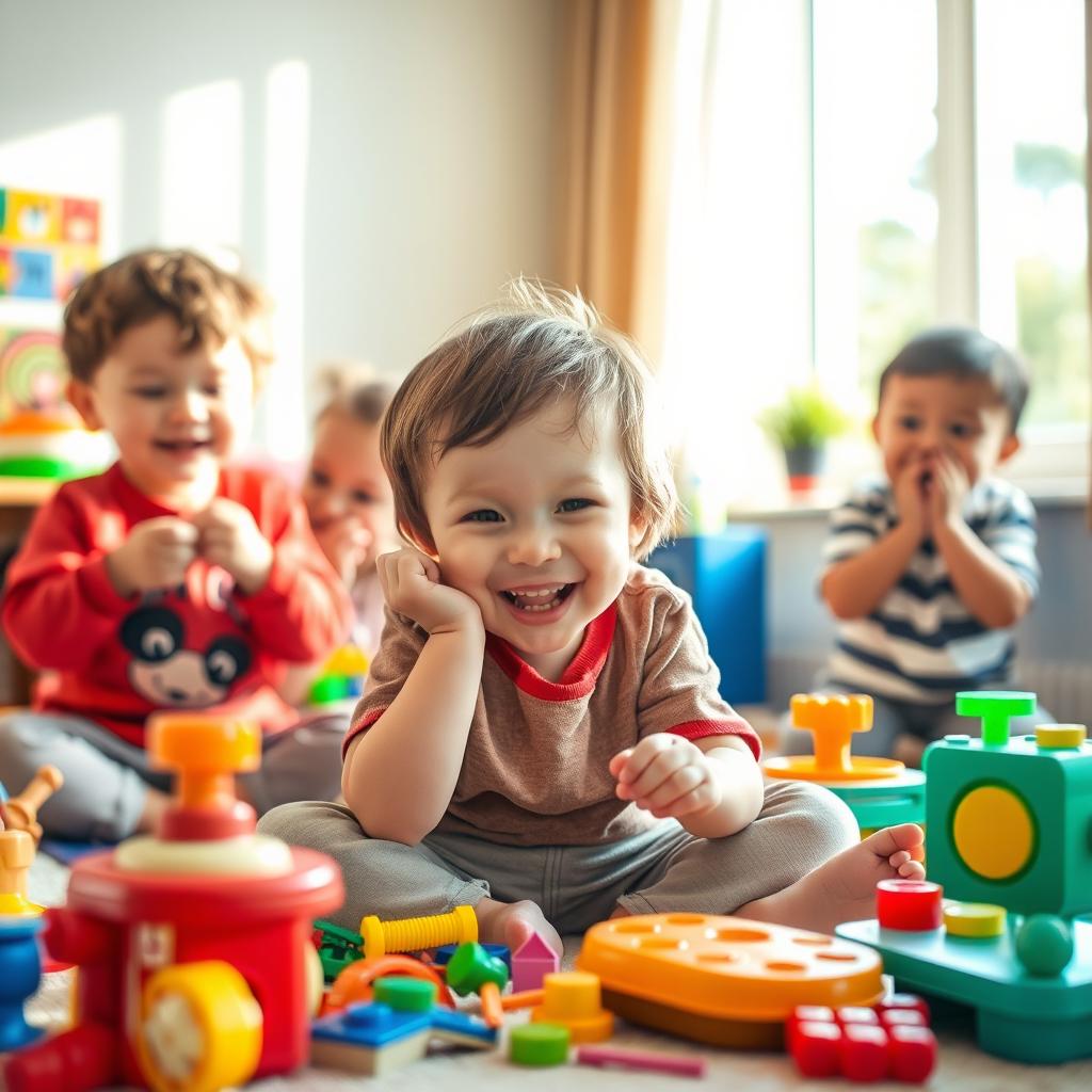 A playful child engaging in various fun activities to relieve tiredness, showcasing joyful expressions while playing with colorful toys and games in a bright, cheerful environment