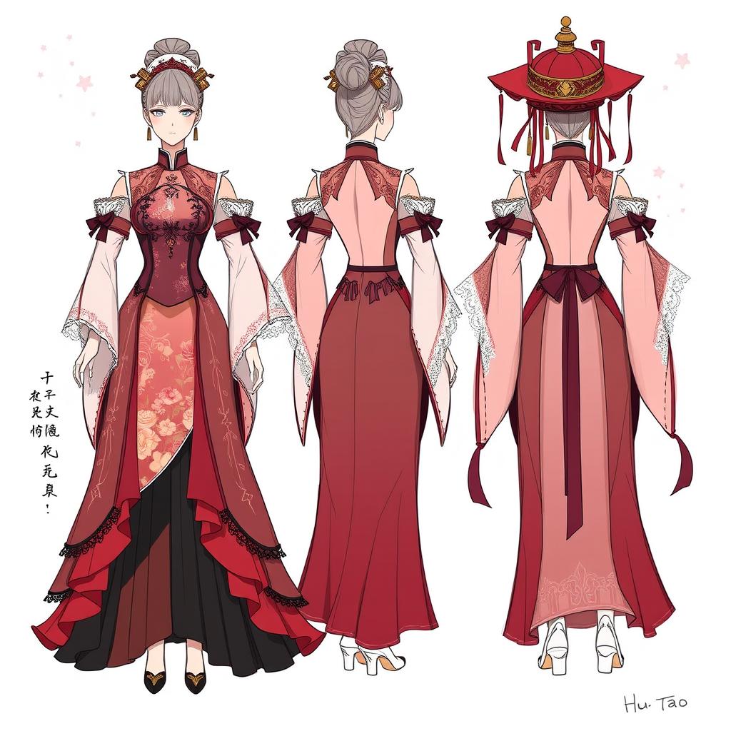 A detailed sketch of an opera costume inspired by Hu Tao from Genshin Impact, showcasing a blend of traditional and fantasy elements