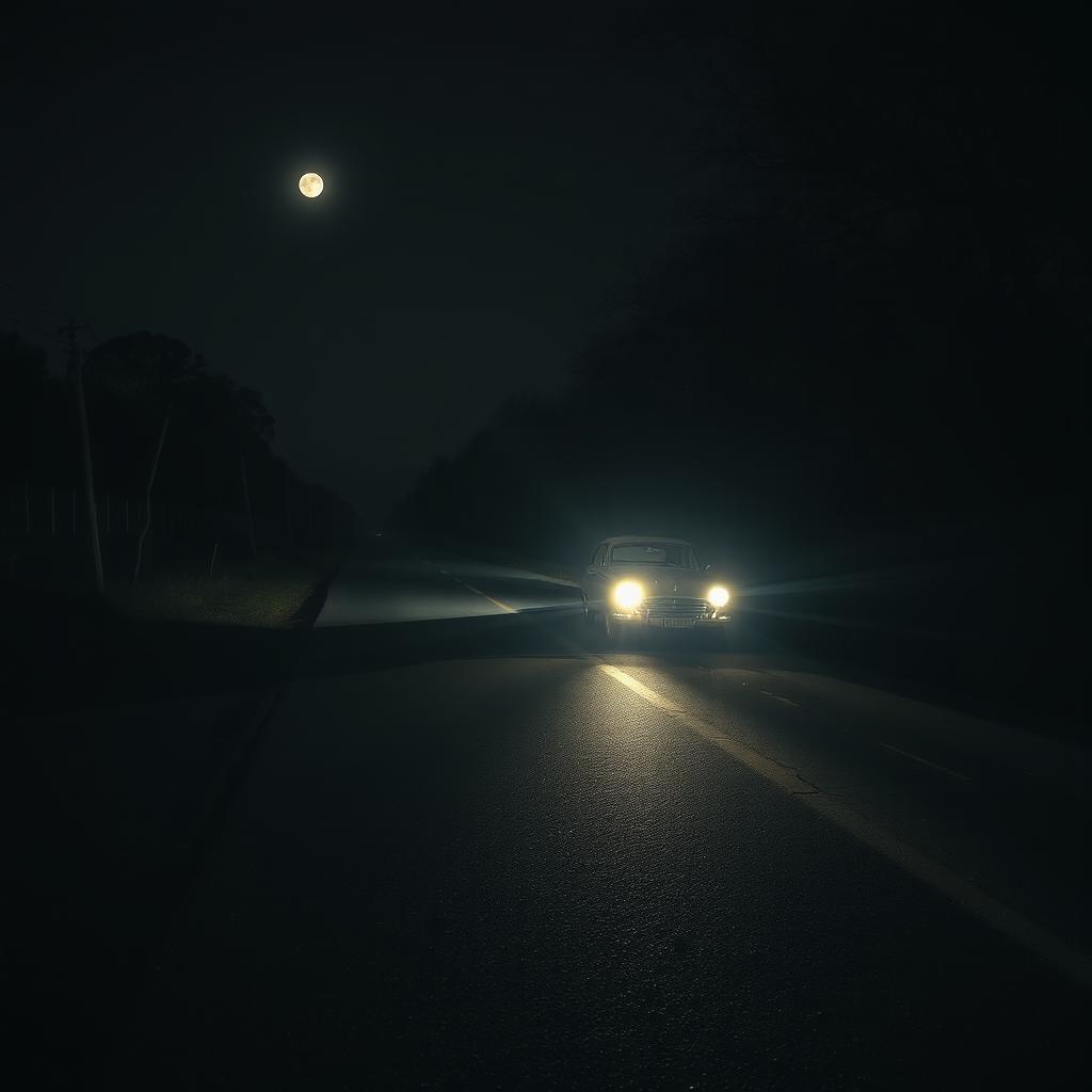 A deserted road at night surrounded by dark trees and threatening shadows