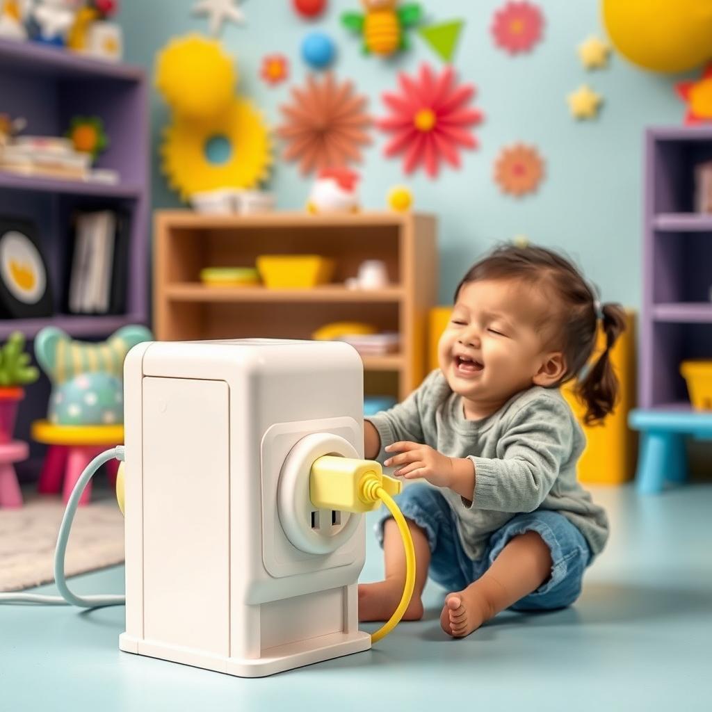 A whimsical toy designed as a power outlet where a parent playfully pretends to charge their child like a device
