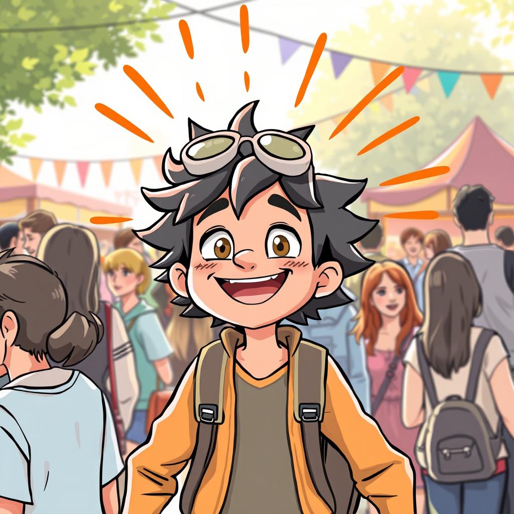 An illustration of a friendly and adventurous character with an engaging personality, radiating warmth and charisma in a social setting