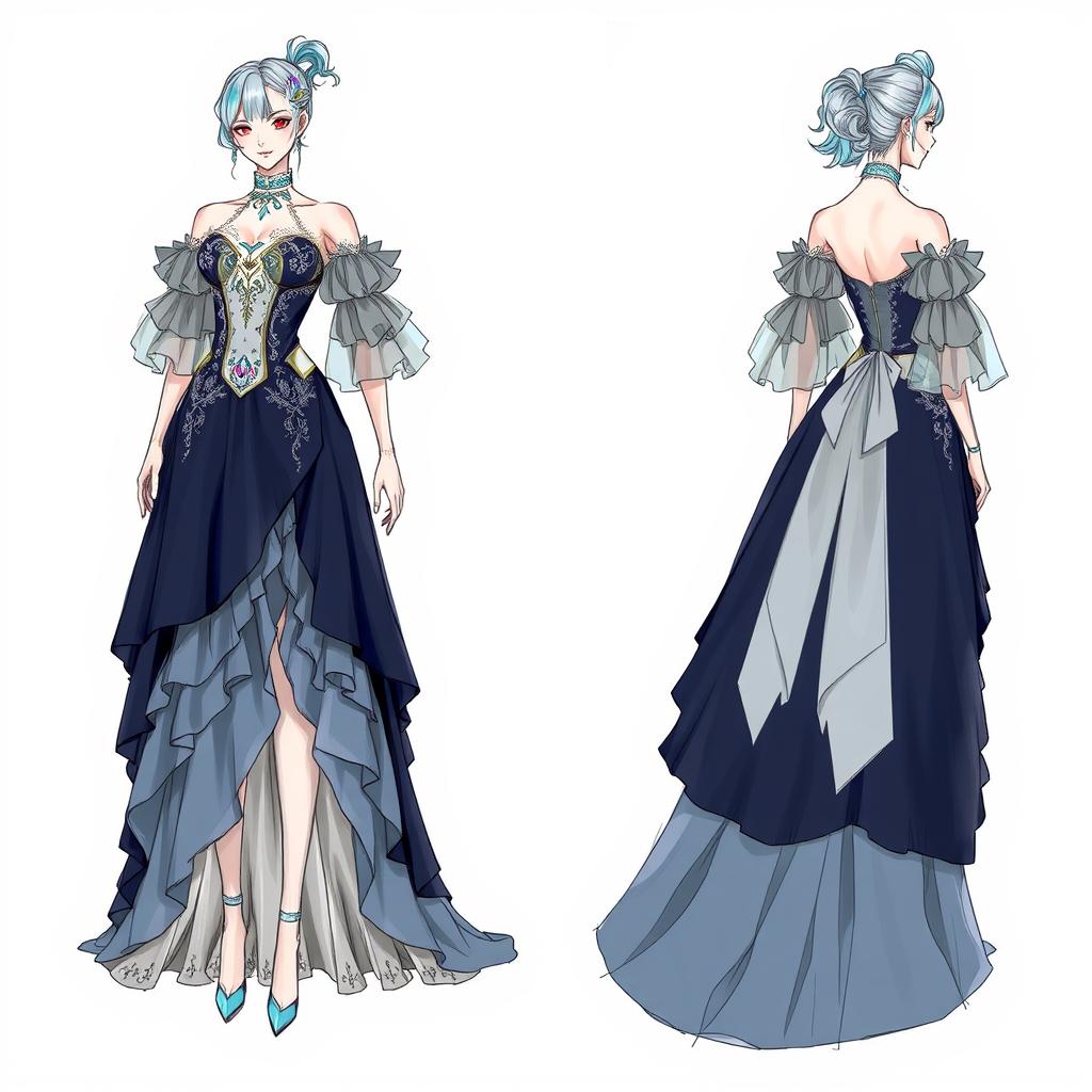 A detailed sketch of an opera costume inspired by Furina from Genshin Impact, highlighting a blend of elegance and fantasy