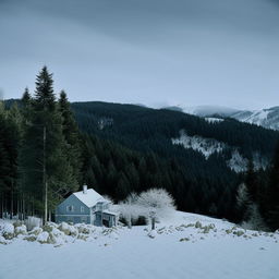 A picturesque house nestled in a snow covered landscape, captured with a cinematic quality