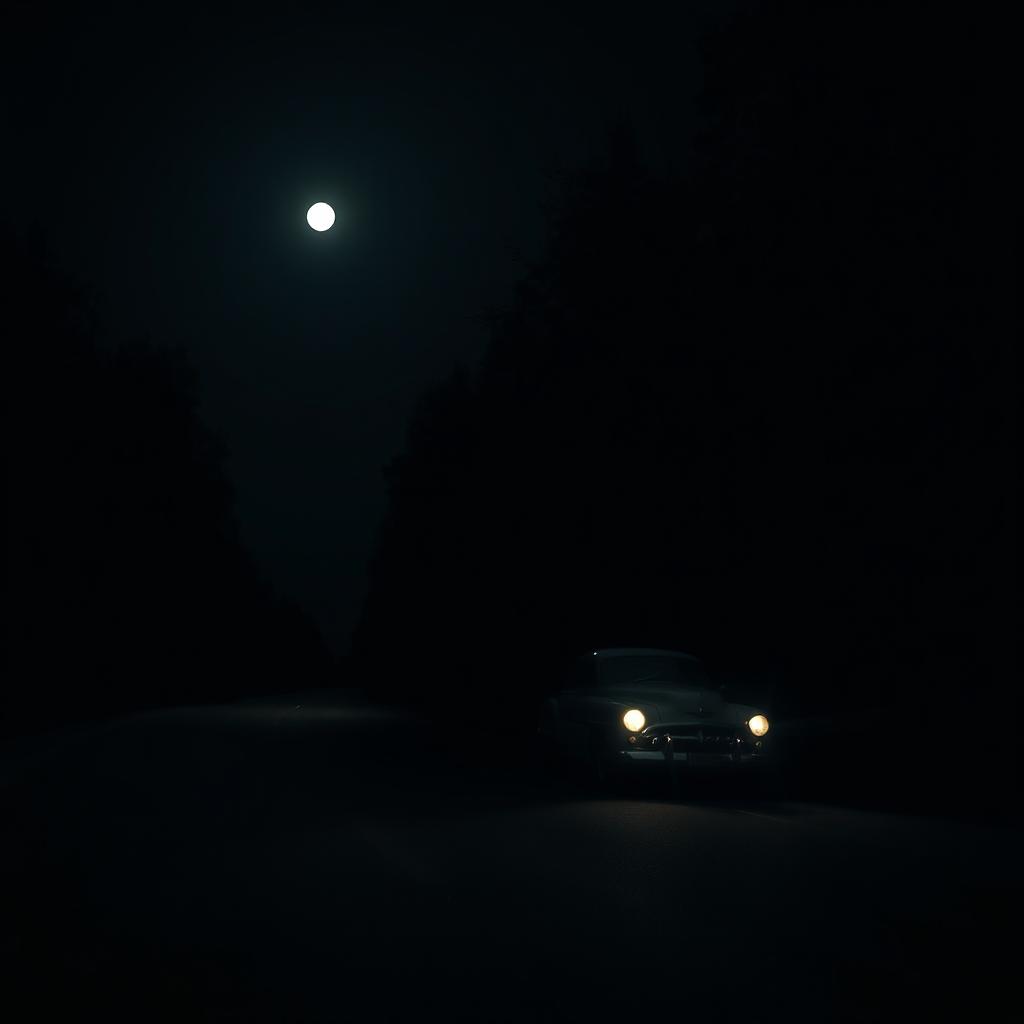 A deserted road at night, surrounded by dark trees and threatening shadows