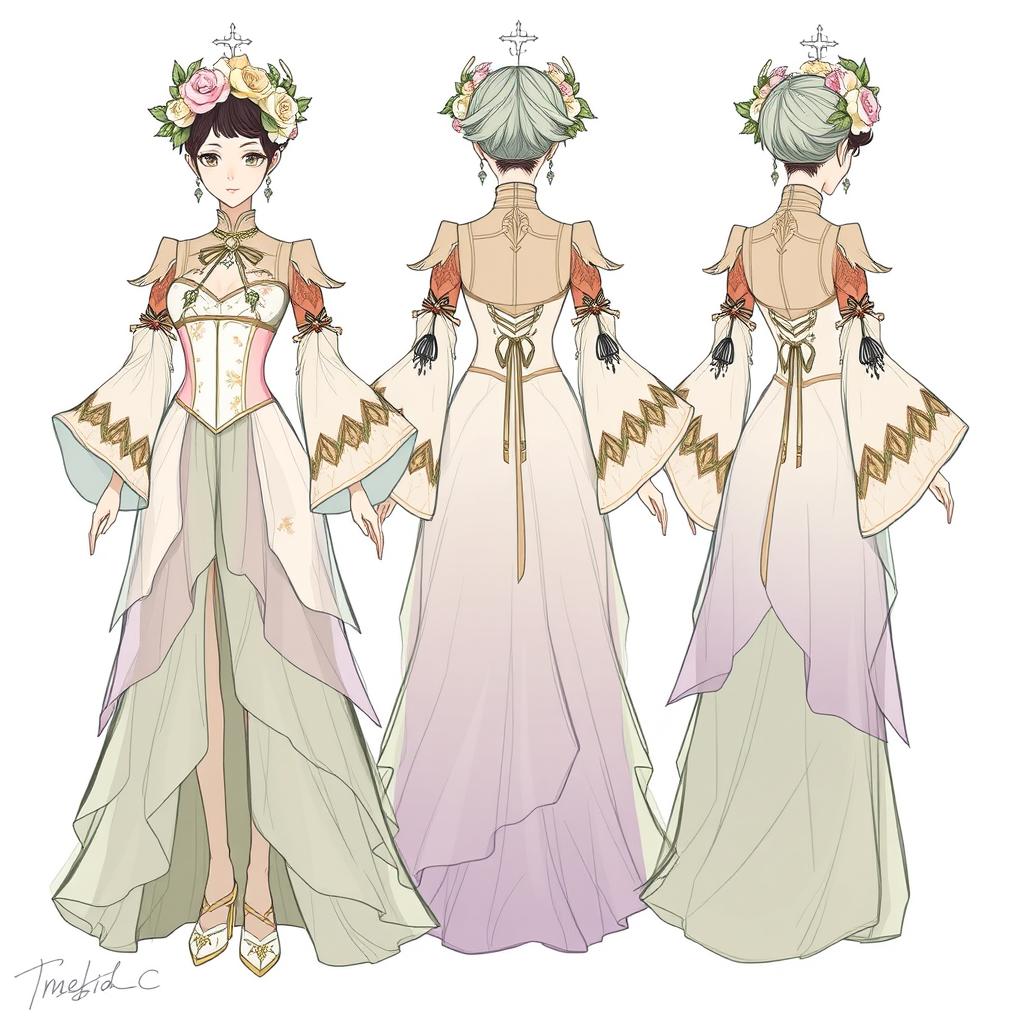 A detailed sketch of an opera costume inspired by Nahida from Genshin Impact, illustrating a harmonious blend of elegance and nature