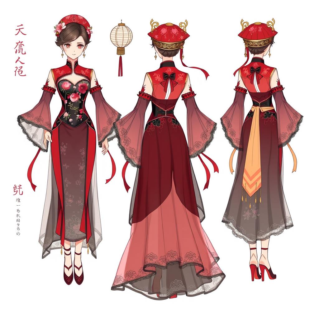A detailed sketch of an opera costume inspired by Hu Tao from Genshin Impact, emphasizing her playful and whimsical personality