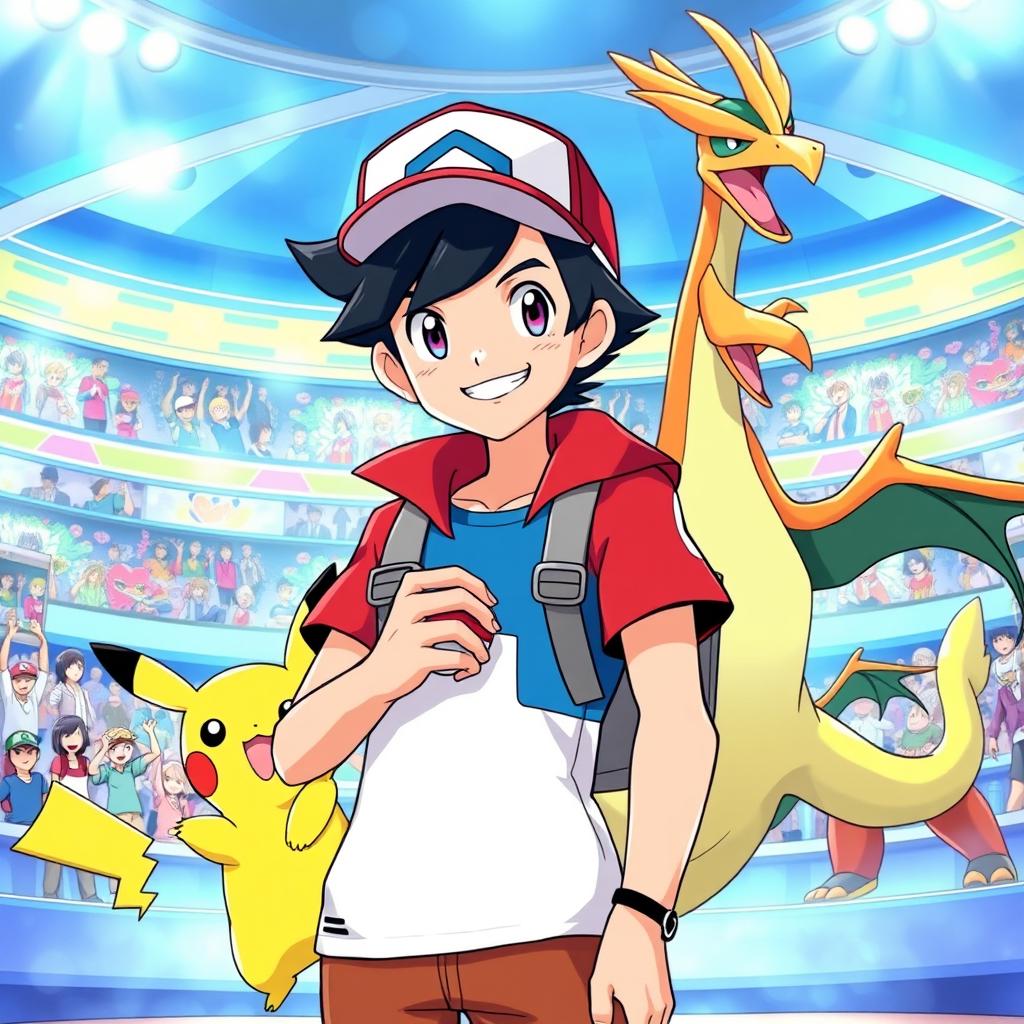 Ash Ketchum from Pokémon, depicted as a handsome young trainer, standing confidently in a vibrant Pokémon League arena, surrounded by his iconic Pokémon like Pikachu and Charizard
