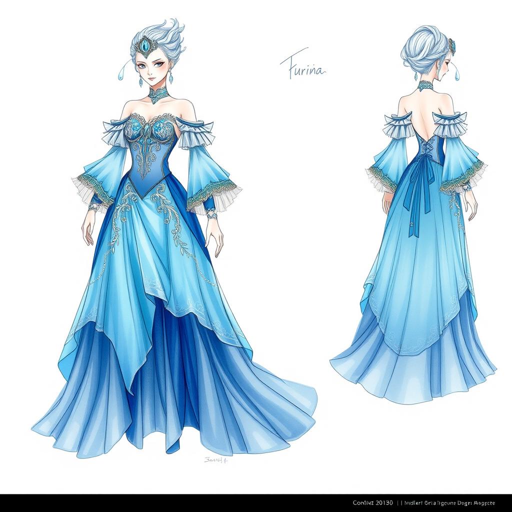 A detailed sketch of an opera costume inspired by Furina from Genshin Impact, specifically focusing on her blue color palette and elegant design