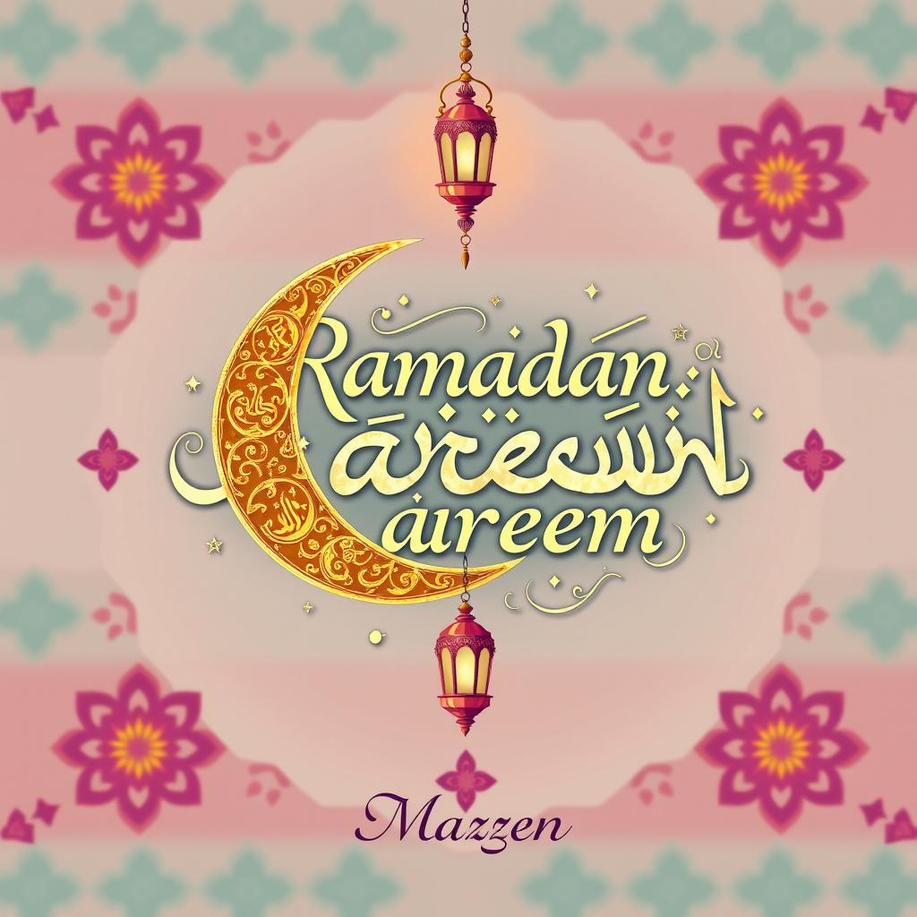 A beautiful and festive artistic representation of the phrase 'Ramadan Kareem' in elegant calligraphy, surrounded by a crescent moon and a traditional lantern (fanous)