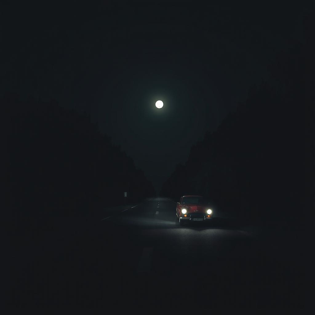 A deserted road at night, surrounded by dark trees and threatening shadows