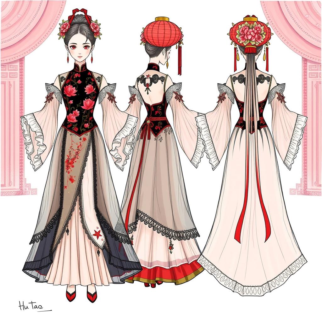 A detailed sketch of an opera costume inspired by Hu Tao from Genshin Impact, reflecting her vibrant and playful spirit