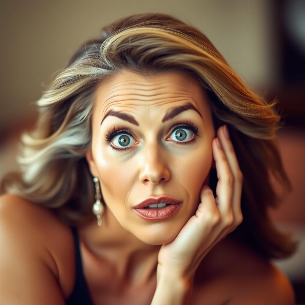 A stunning 50-year-old woman with an expression of surprise, looking directly at the camera
