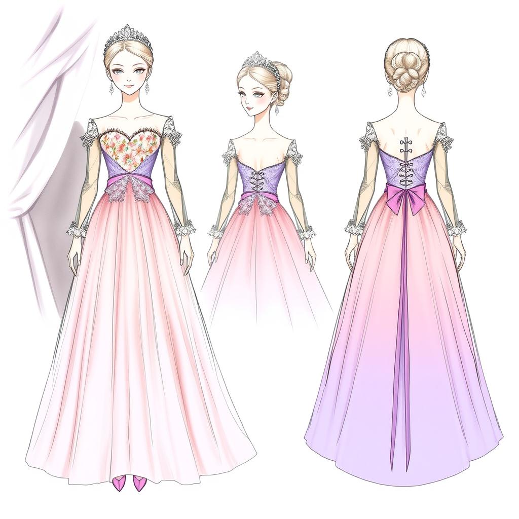 A detailed sketch of an elegant opera costume for a girl, designed to embody sophistication and grace