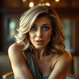 A gorgeous 50-year-old woman with a surprised expression, looking directly at the camera