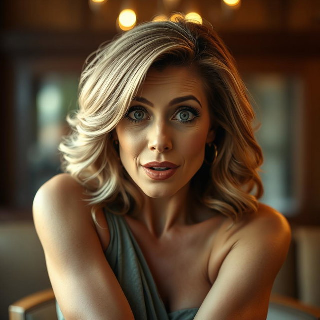 A gorgeous 50-year-old woman with a surprised expression, looking directly at the camera