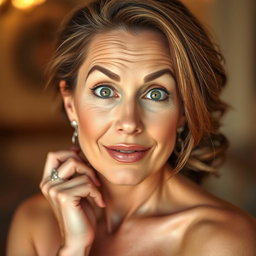 A gorgeous 50-year-old woman with a surprised expression, looking directly at the camera