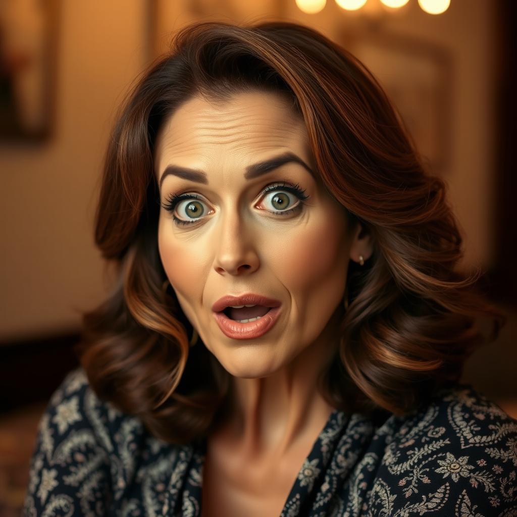 A gorgeous 50-year-old woman with a surprised expression, looking directly at the camera