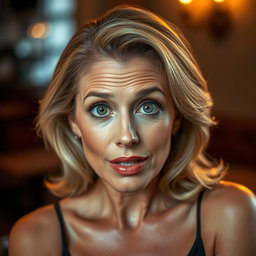 A gorgeous 50-year-old woman with a surprised expression, looking directly at the camera